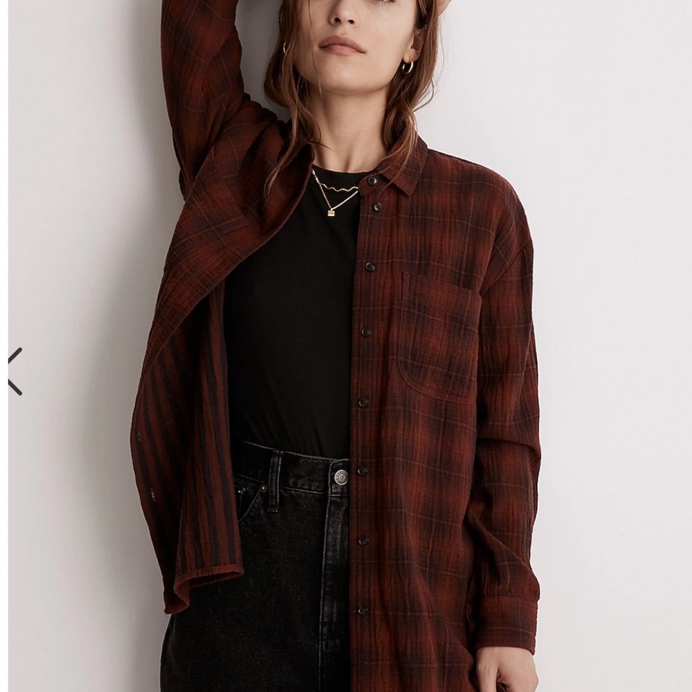 New Madewell Oversized Flannel Button-Down Shirt maroon Size XS